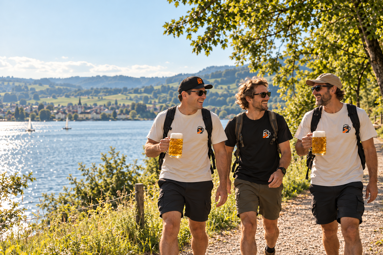 Friends with beer mugs on a sunny trail beside a Swiss lake – illustrative image